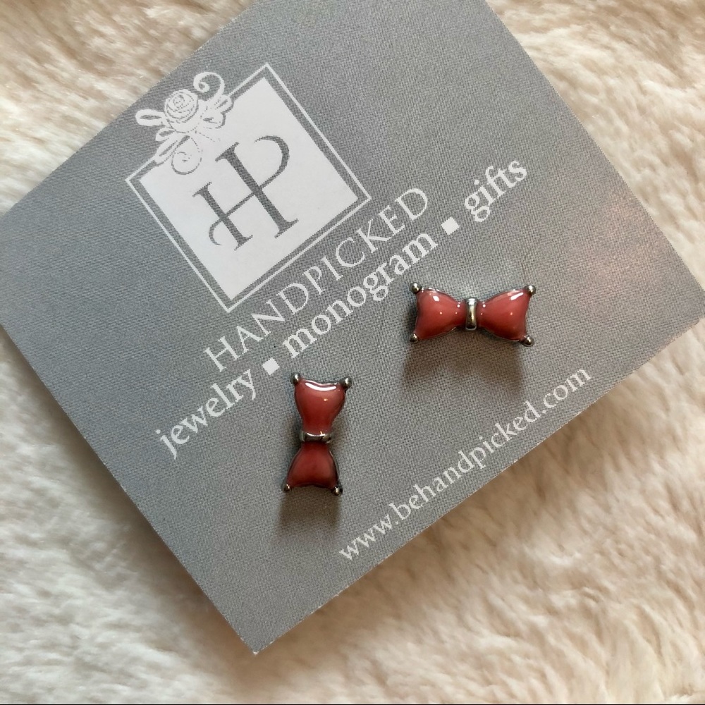 Handpicked Pink Bow Stud Earrings Silver Tone NWT